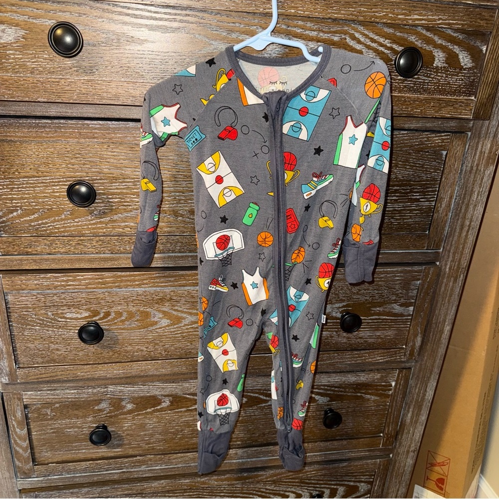Little Sleepies Gray Basketball & Sports Print Footed One-Piece